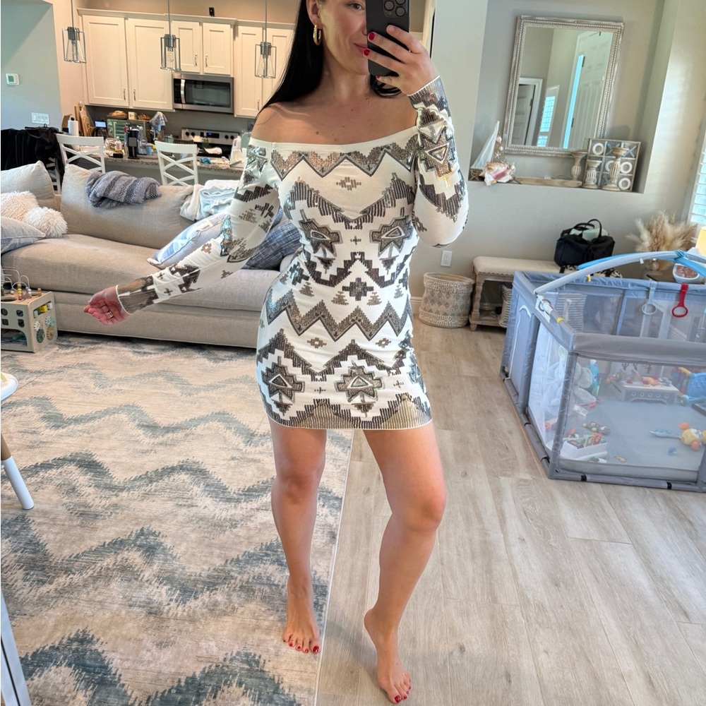 Express Off-Shoulder White and Gray Patterned Dress